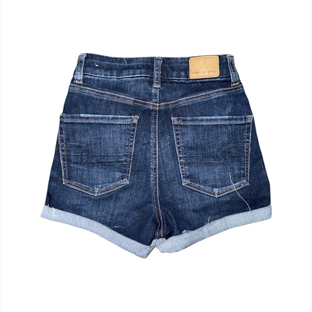 American Eagle Curvy Hi-Rise Shortie Jean Shorts Dark Wash Distressed Women’s 00 - Picture 2 of 8